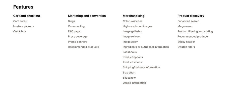 The features list on the Dawn theme listing, grouped under cart and checkout, marketing and conversion, merchandising and product discovery
