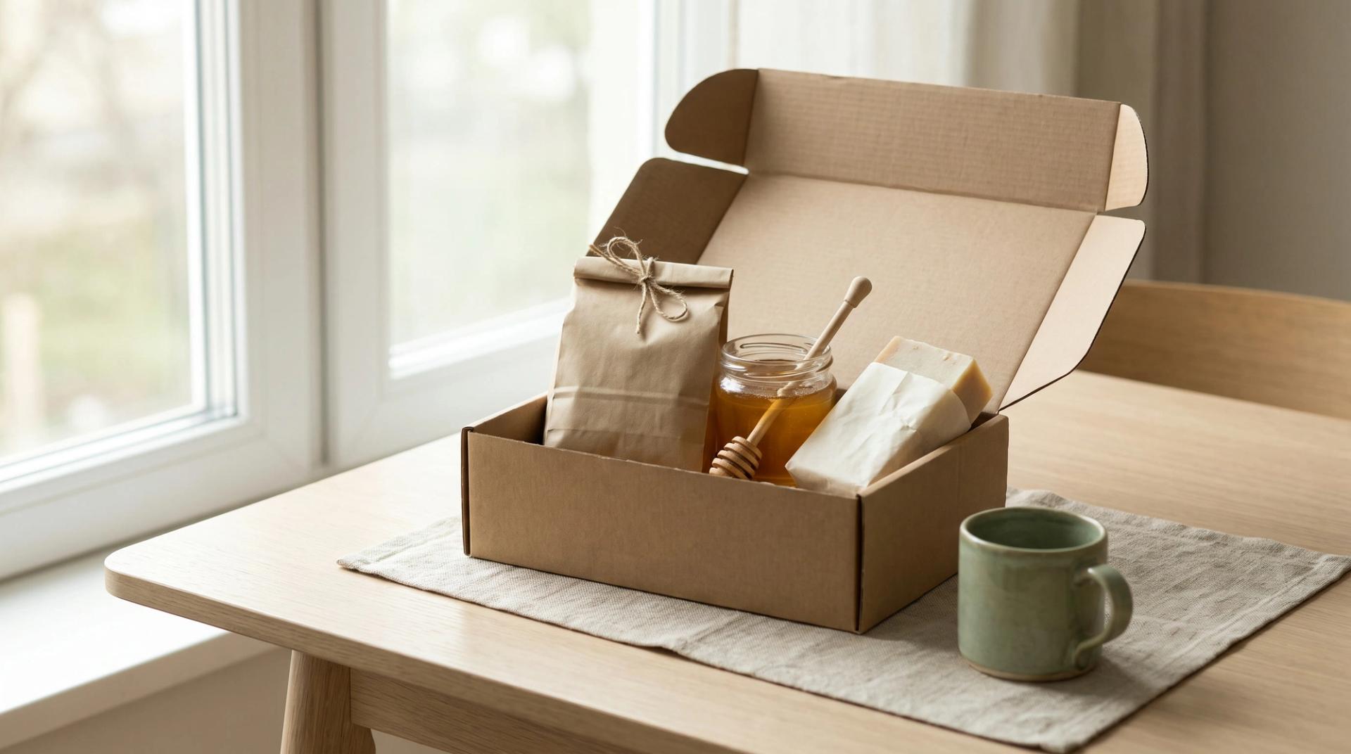 An open cardboard delivery box on a wooden table holding a paper coffee bag, a jar of honey and a wrapped bar of soap, with a green mug beside it