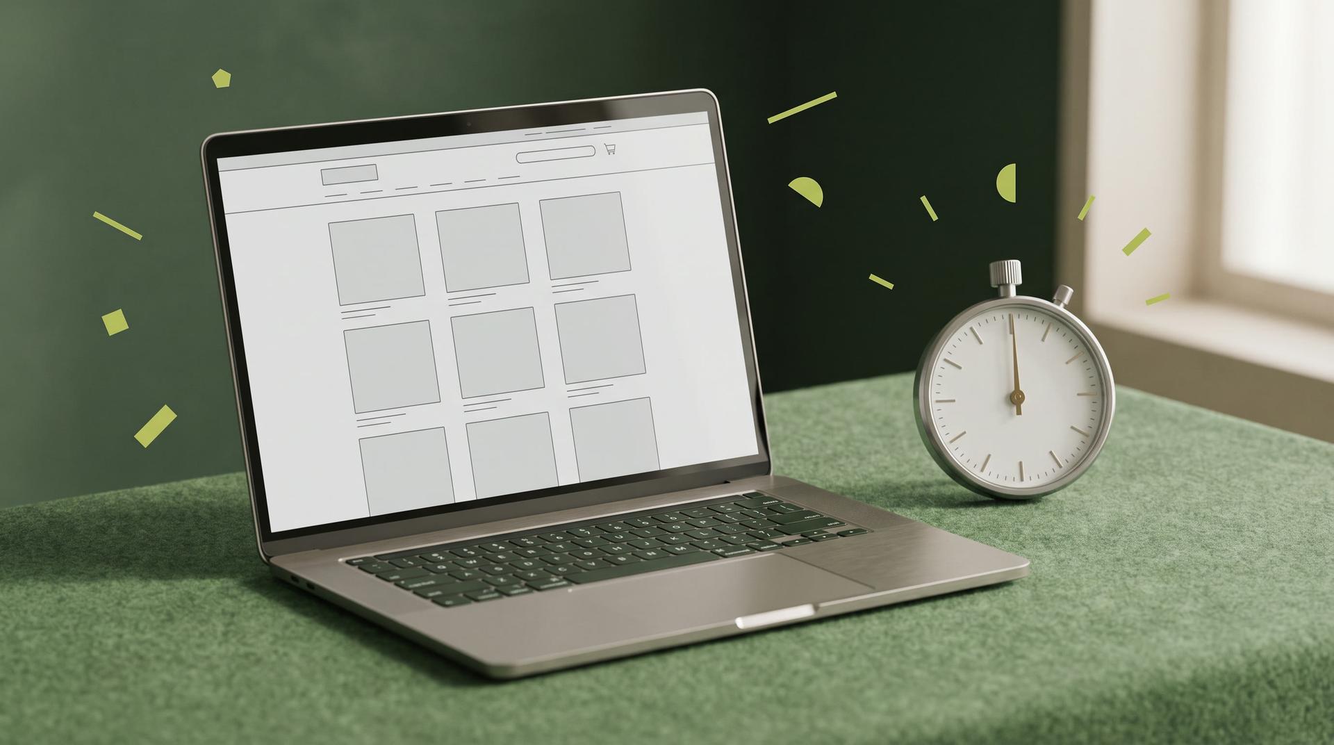 A laptop showing a wireframe of an online store product grid next to an analogue stopwatch on a green desk