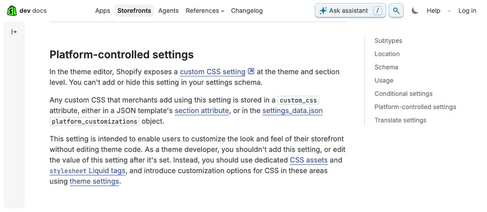 A shopify.dev page section titled Platform-controlled settings explaining that Shopify exposes a custom CSS setting at theme and section level