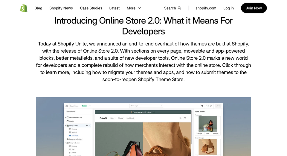The opening of Shopify's 29 June 2021 Partners blog post introducing Online Store 2.0