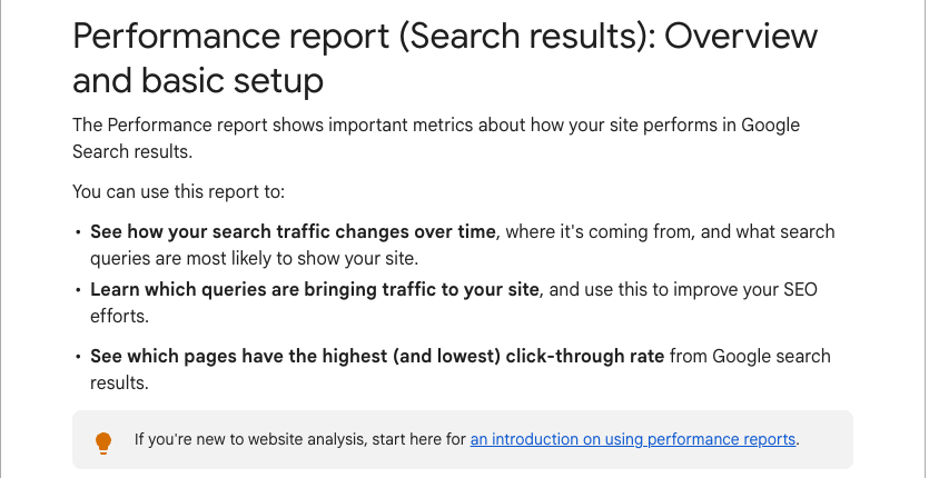 Google Search Console Help page for the Performance report overview