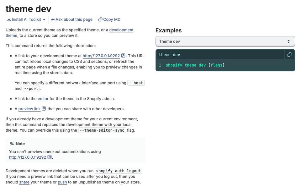 Shopify's reference page for the theme dev command, describing the local preview address, the editor link, the preview link, and a note that checkout customizations can't be previewed at the local address.
