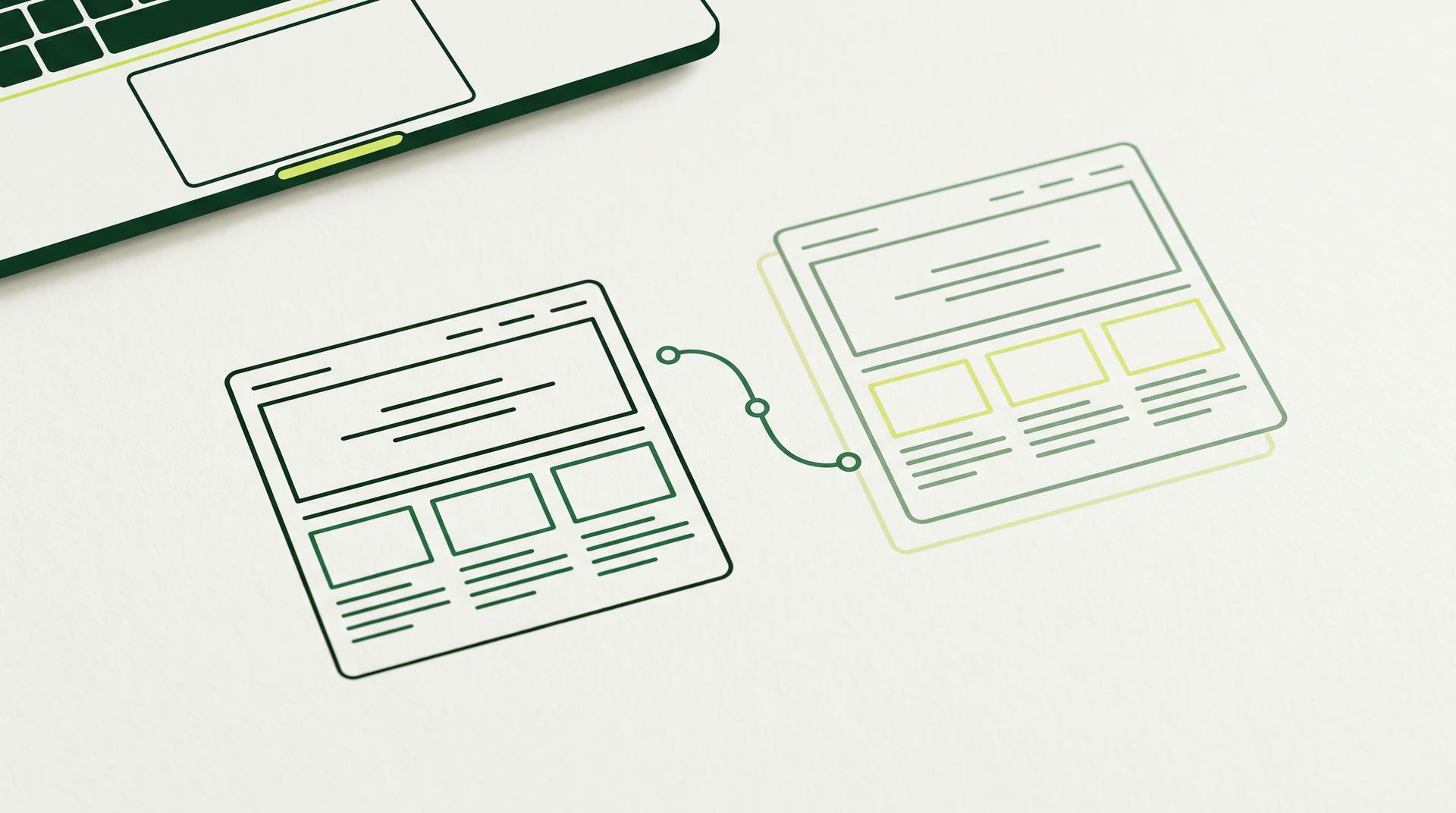 Two matching website wireframes drawn in green line art on paper, one a faint copy, joined by a small branching line, with the edge of a laptop in the corner.