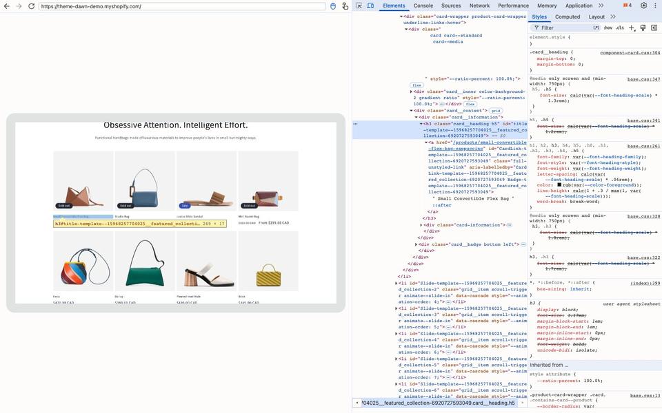 Chrome DevTools beside the Dawn demo store with a product title h3 selected and the Styles pane listing matching rules, some declarations struck through