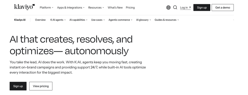 Screenshot of Klaviyo's AI page with the headline that AI creates, resolves and optimizes, and the K:AI introduction text