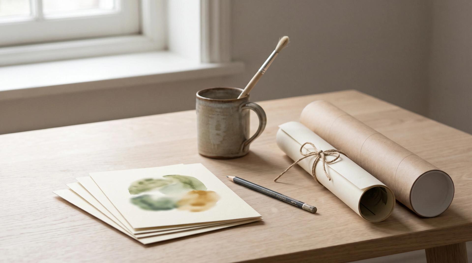 Unframed watercolour prints on cream paper, a brush in a ceramic cup, a pencil and a rolled poster beside a cardboard tube on a pale oak desk