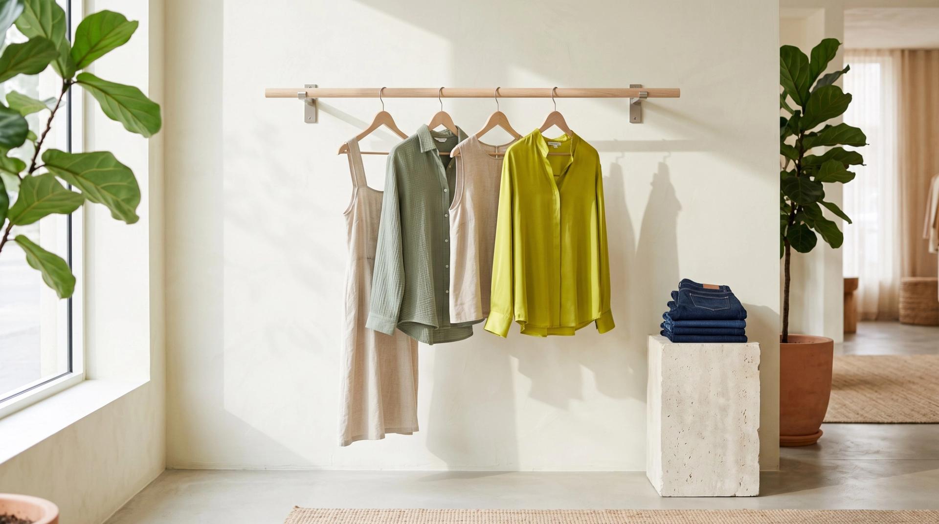 A sunlit boutique corner with four garments in oat, sage and chartreuse hanging from a wooden rail, and a stack of folded denim on a stone plinth