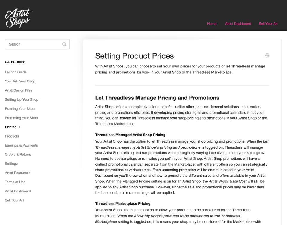A Threadless Artist Shops help page explaining that artists can set their own prices or let Threadless manage pricing and promotions