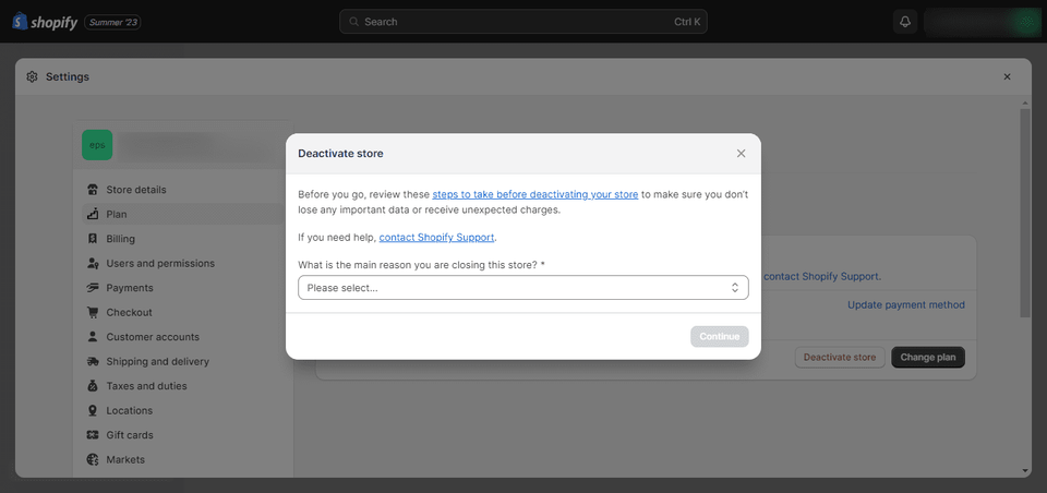 how to delete shopify account