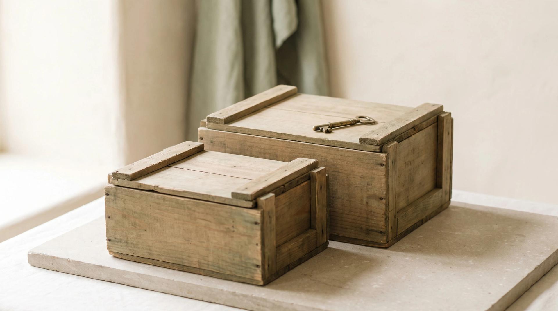 Two small wooden crates on a stone slab, a brass key resting on the larger one