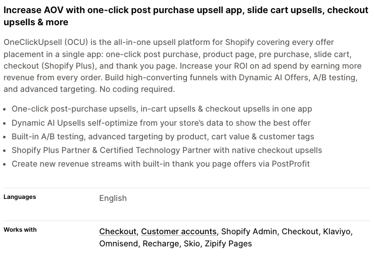 The One Click Upsell listing on the Shopify App Store