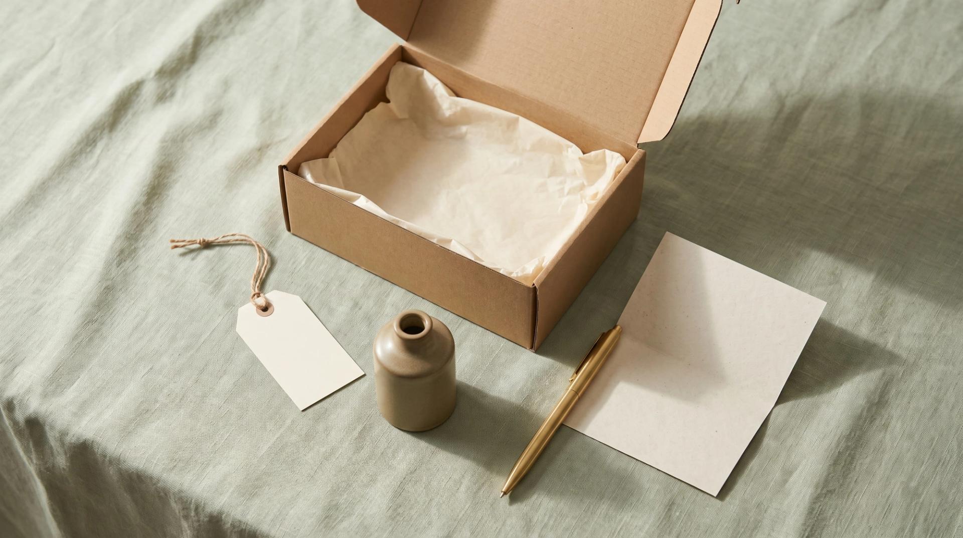 A kraft shipping box with tissue paper, a blank hang tag, a small ceramic bottle and a brass pen on green linen