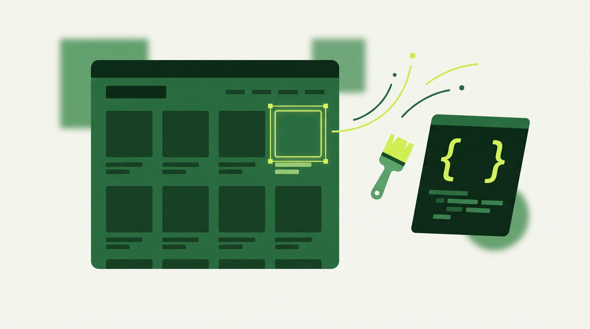 A simplified web page wireframe with a highlighted product element, a paintbrush and a style panel in deep green and chartreuse on a warm off-white background