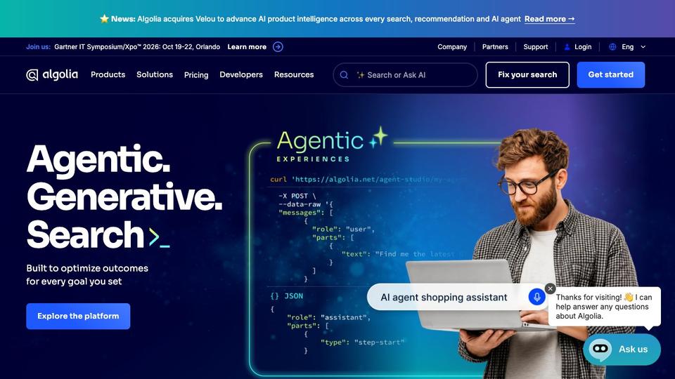 Screenshot of the Algolia website, taken on 16 October 2026