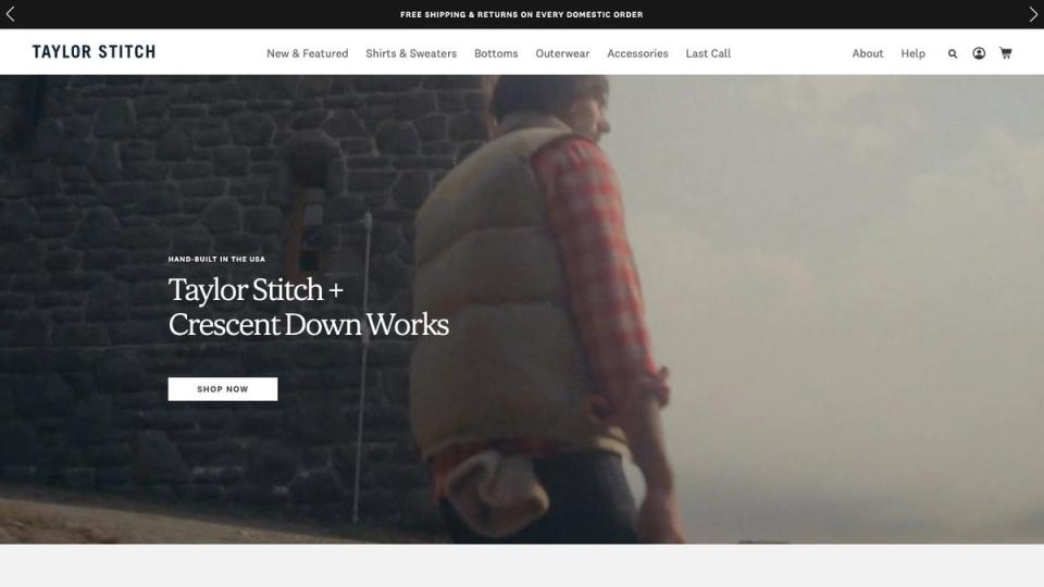 Screenshot of the Taylor Stitch homepage, taken on 16 October 2026