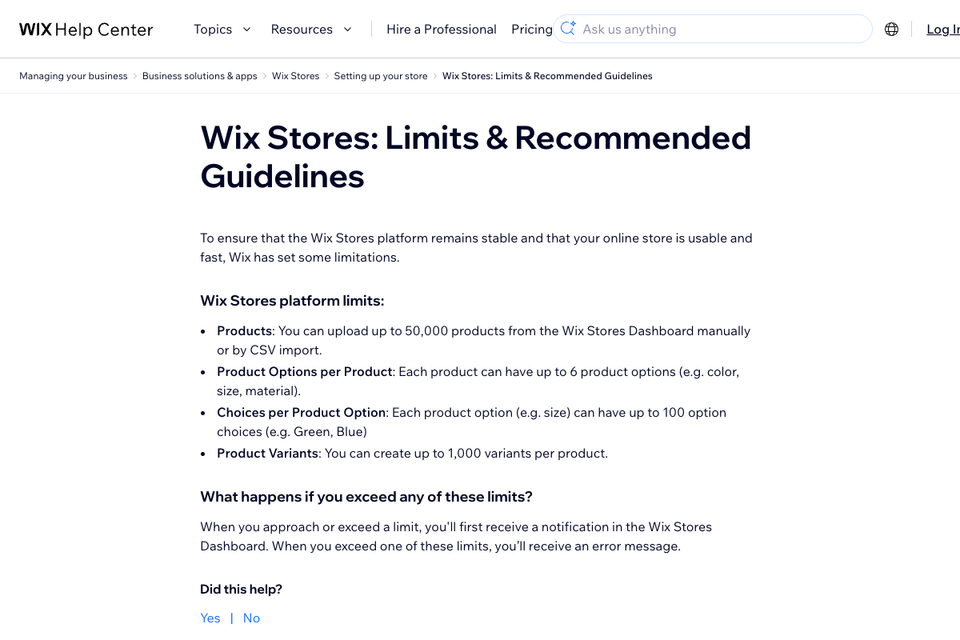 Wix Help Center page titled Wix Stores: Limits and Recommended Guidelines, listing product, option and variant limits