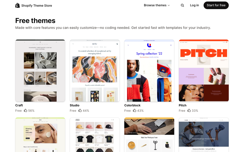 The Shopify Theme Store free themes page, showing the free theme options