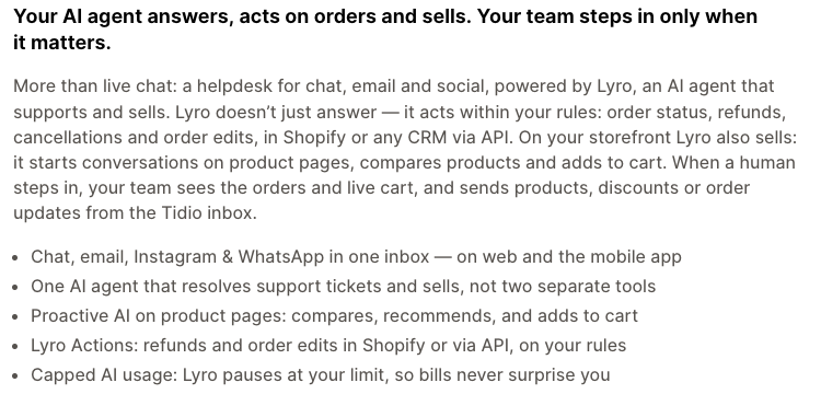 Tidio App Store listing text describing the Lyro AI agent and its channels