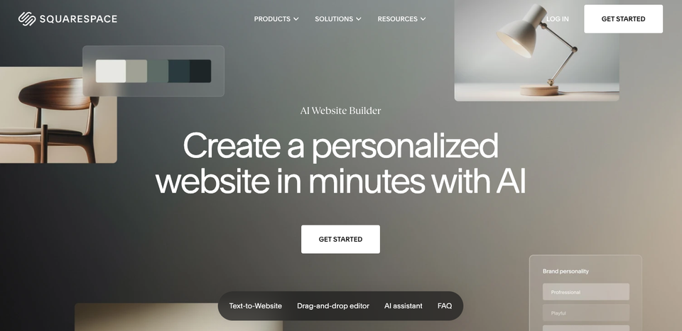 Screenshot of the Squarespace AI website builder page with a headline about creating a personalised website in minutes.