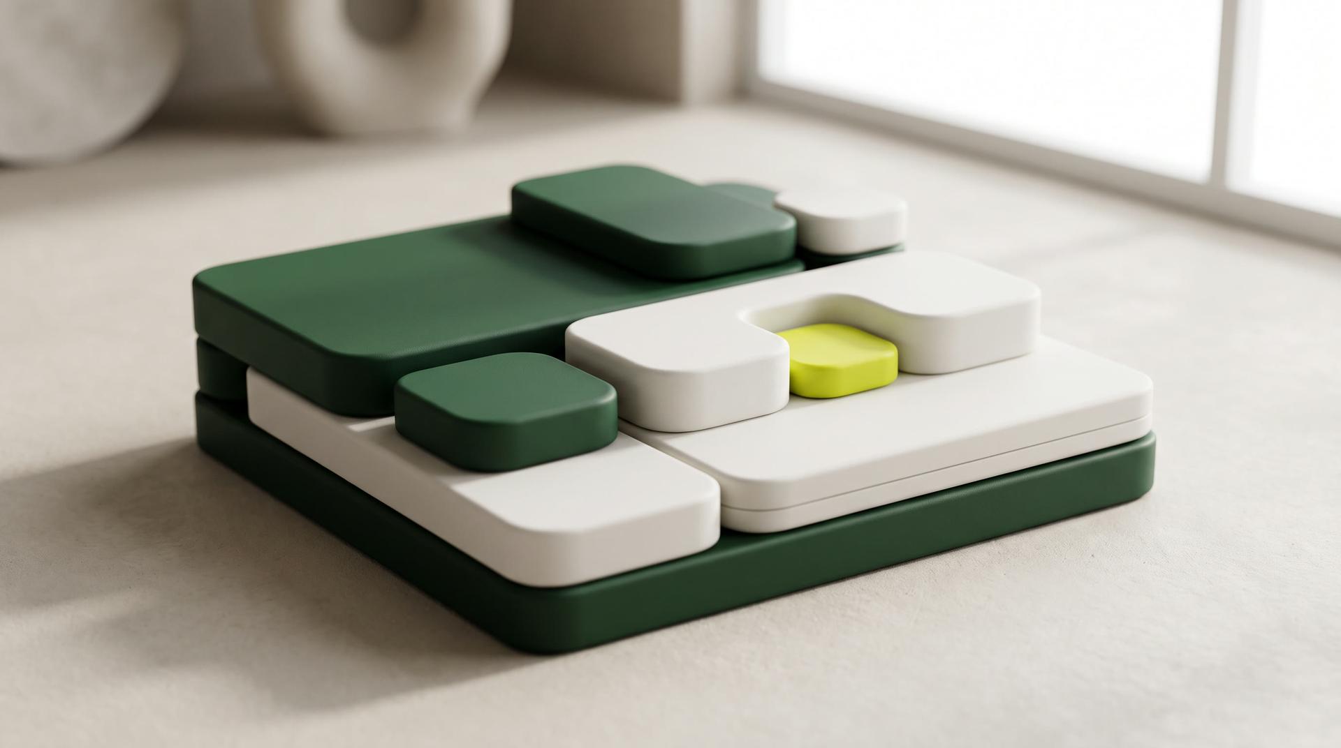 Stacked green and off-white rounded panels with smaller blocks sitting on and inside them, and one small chartreuse block, on a pale floor