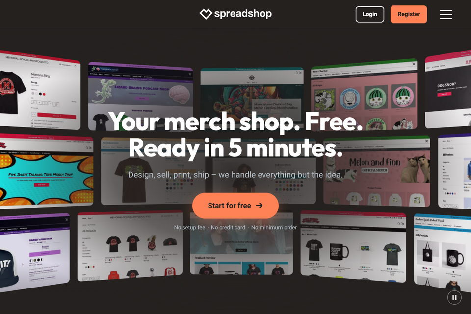 The Spreadshop home page with the headline about a free merch shop