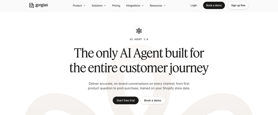 Screenshot of the Gorgias AI Agent page with the headline that it is built for the entire customer journey, above a product mockup of a support inbox