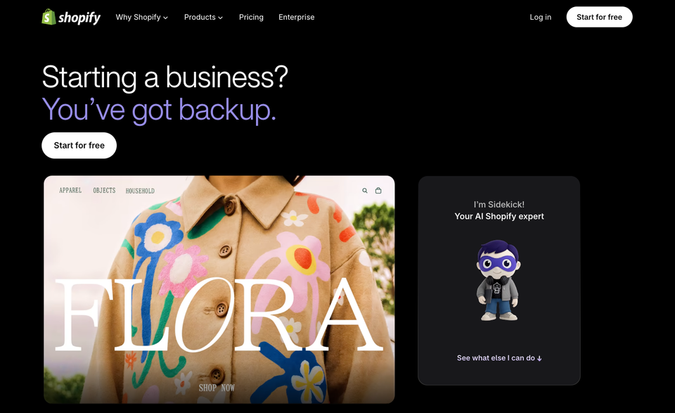 Screenshot of Shopify's Sidekick page showing the Sidekick character and the headline about having backup when starting a business