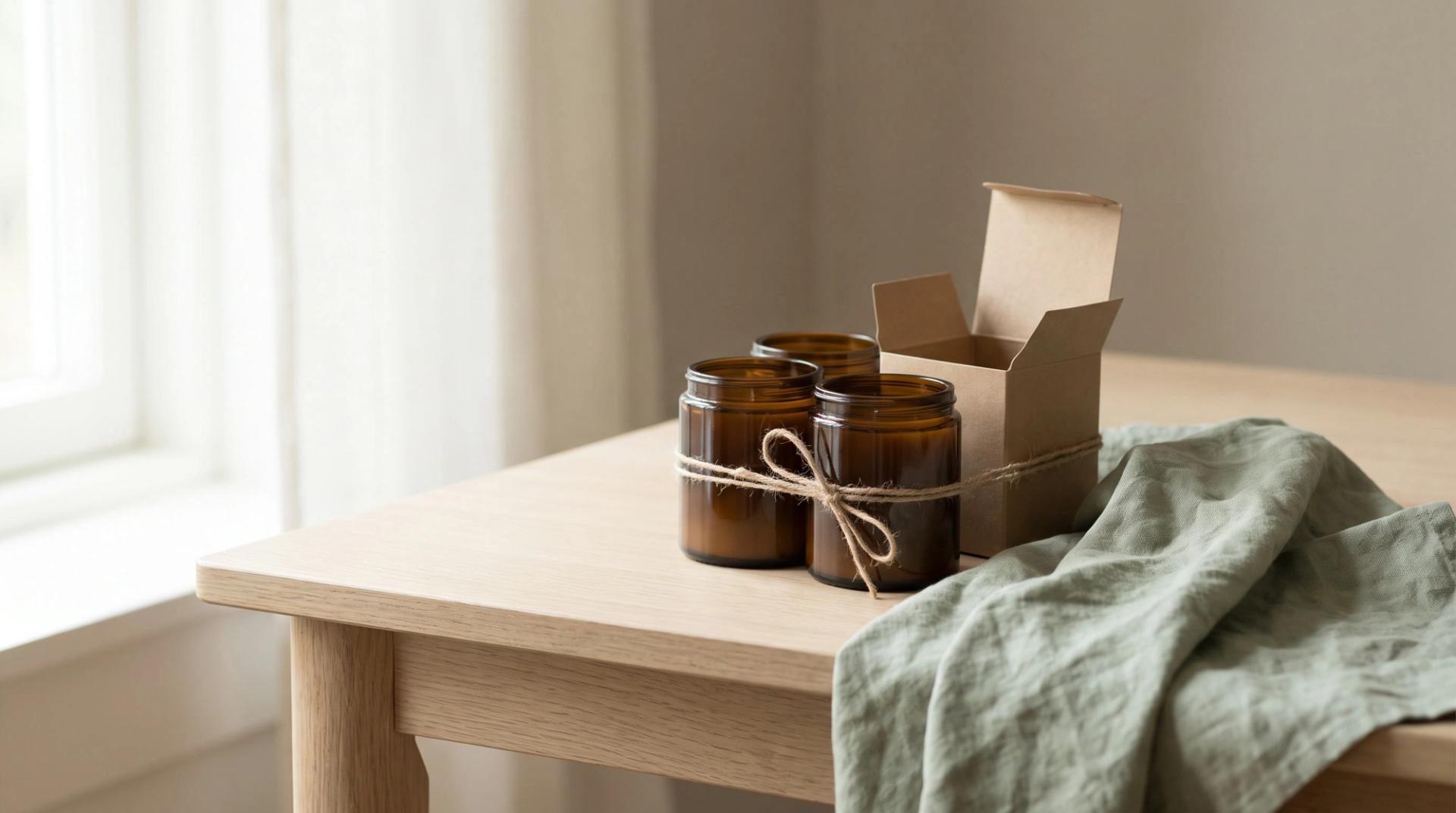 Three amber glass jars tied together with twine next to an open kraft box and a green linen cloth on an oak table