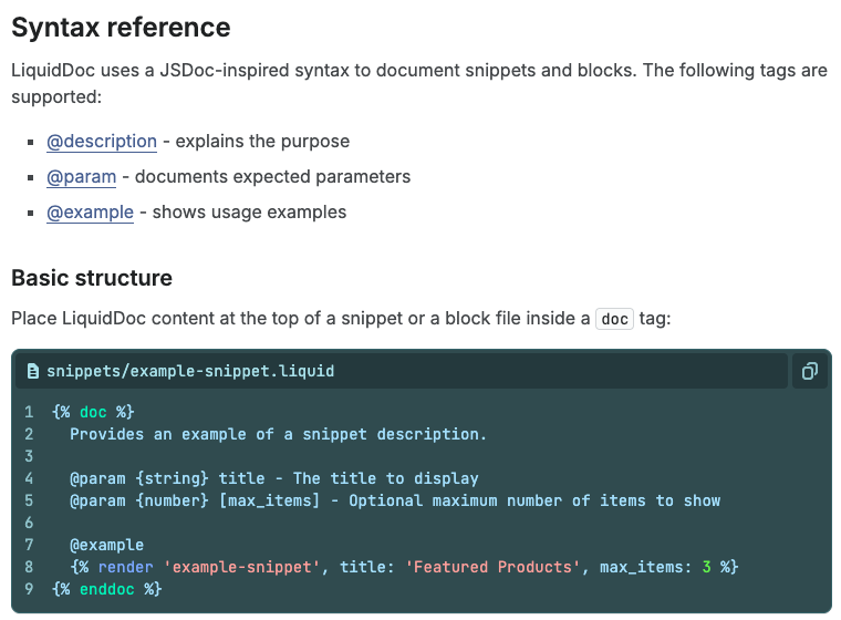 The LiquidDoc page on shopify.dev showing the basic doc tag structure