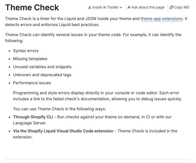 The top of Shopify's Theme Check documentation page, listing the problems it detects such as syntax errors, missing templates and unused snippets, and the ways to run it.