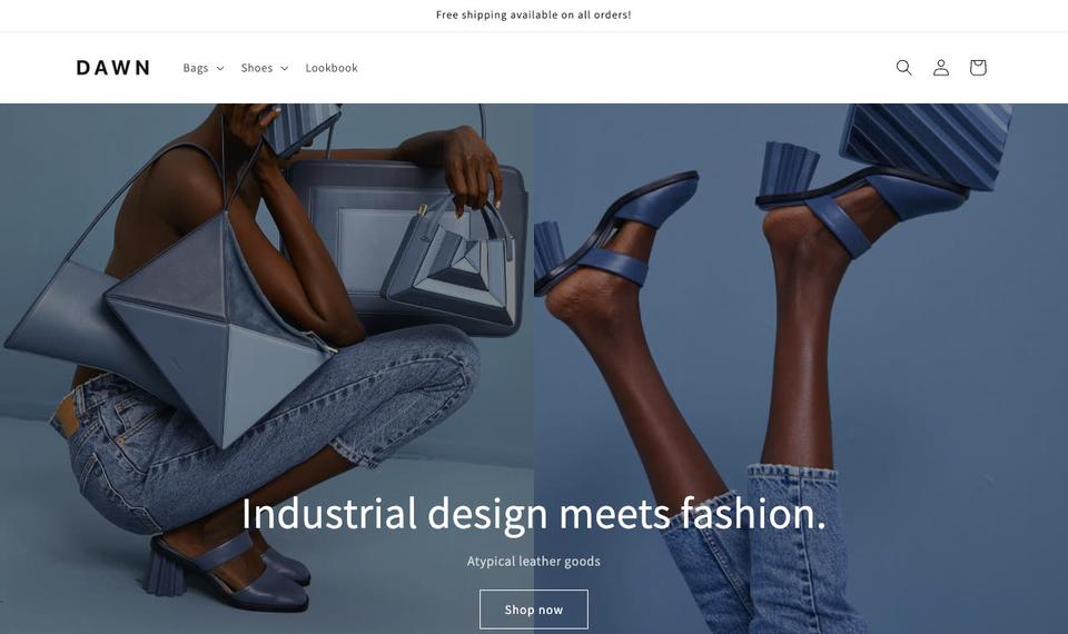 The public Dawn demo storefront home page with an announcement bar, header, and a split hero image
