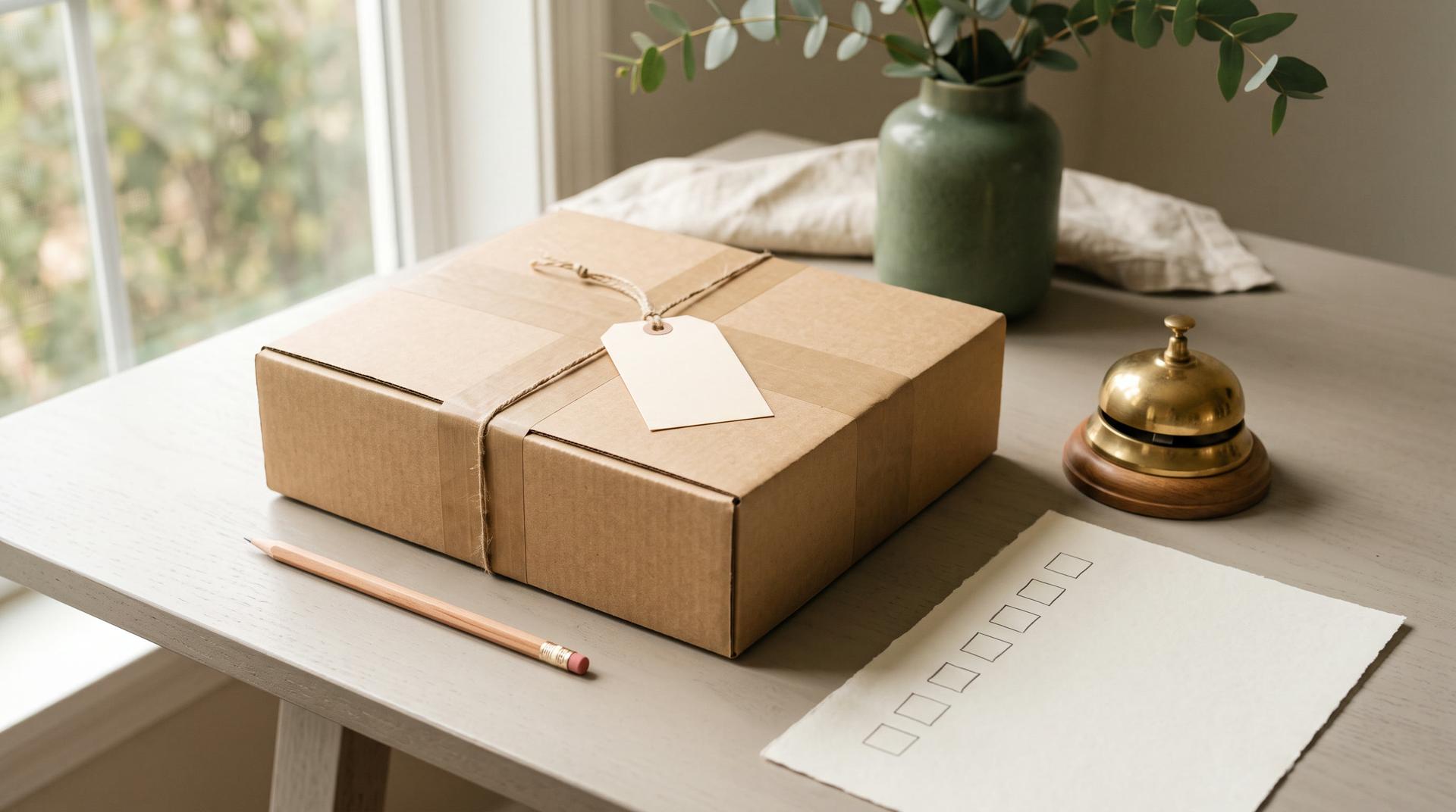 A closed kraft shipping box with a plain tag, a pencil, a brass desk bell and a sheet of paper with empty checkboxes on a pale desk