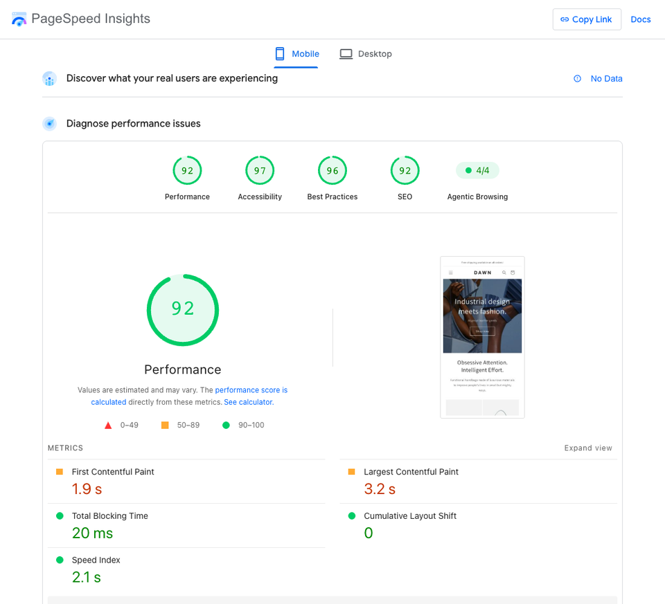 PageSpeed Insights mobile results for the Dawn demo store showing scores of 92, 97, 96 and 92 and a largest contentful paint of 3.2 seconds
