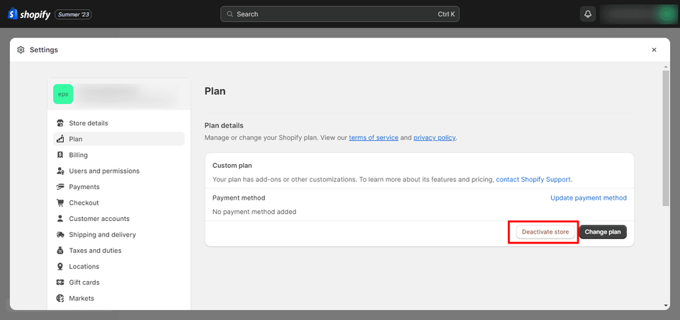 how to delete shopify account