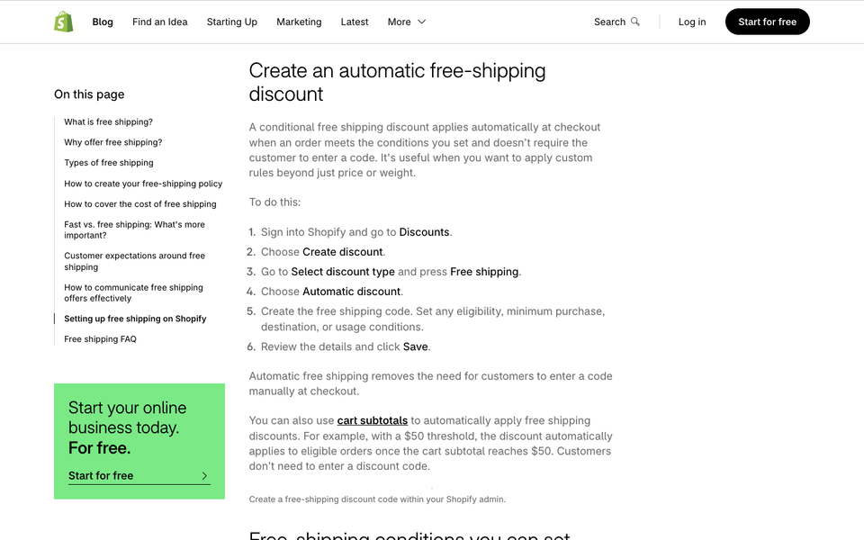 Shopify's free shipping guide, the steps for an automatic free shipping discount