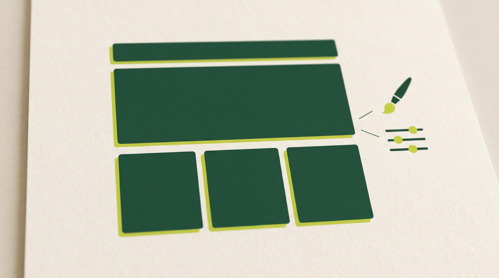 A flat illustration of a minimal storefront layout in deep green with chartreuse edges, with a small paintbrush and three tuning sliders beside it.