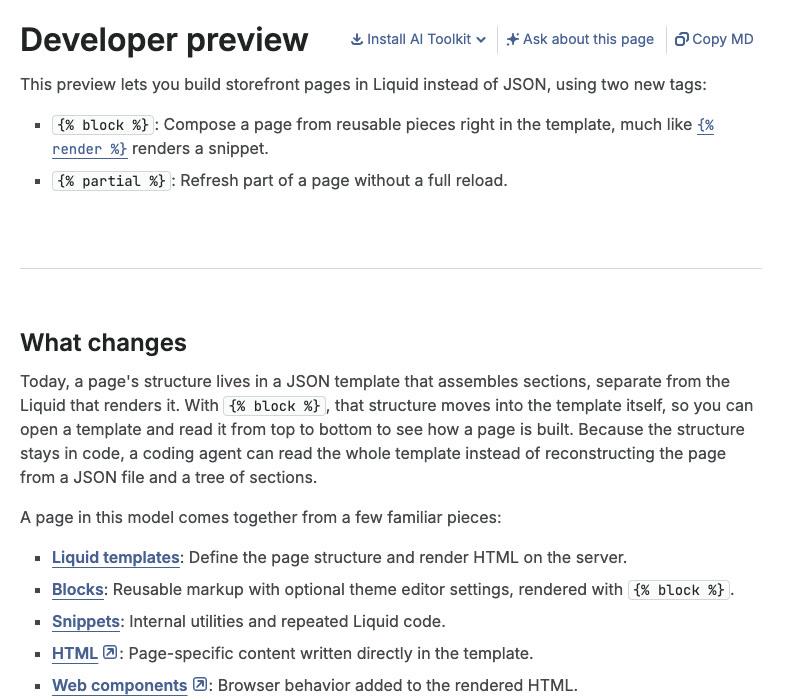 Shopify's developer preview page describing the block and partial tags