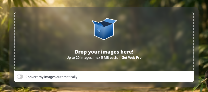 The TinyPNG home page showing a drop area for up to 20 images at a maximum of 5 MB each