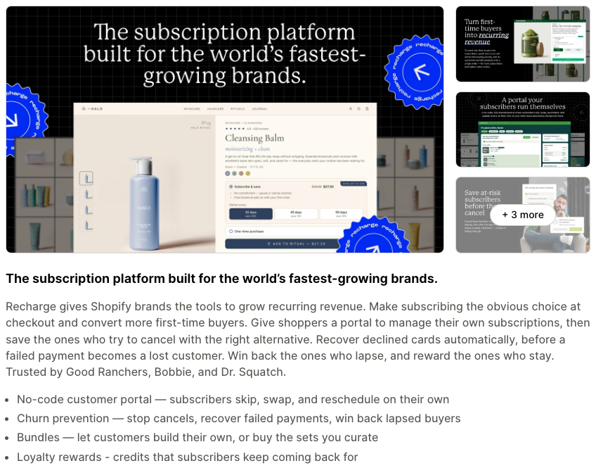The Recharge listing on the Shopify App Store