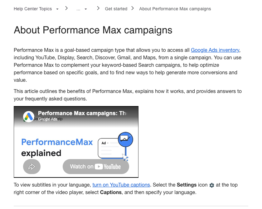 Screenshot of Google Ads Help page titled About Performance Max campaigns, describing a goal-based campaign type that reaches all Google Ads inventory
