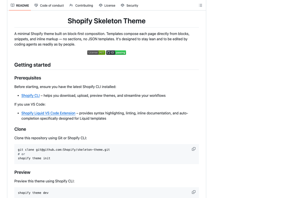 The README of the Skeleton Theme repository describing a minimal theme built on block-first composition, with Getting started instructions