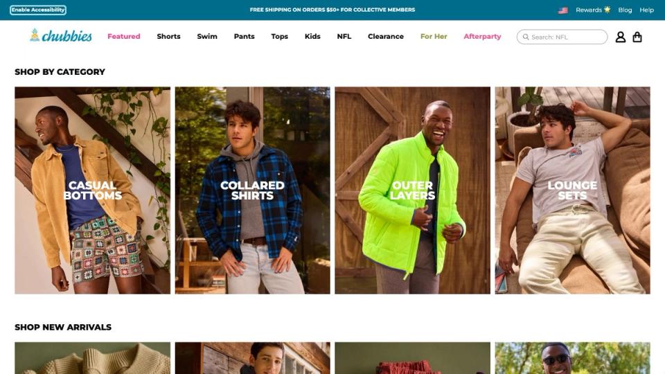 Screenshot of the Chubbies homepage, taken on 16 October 2026