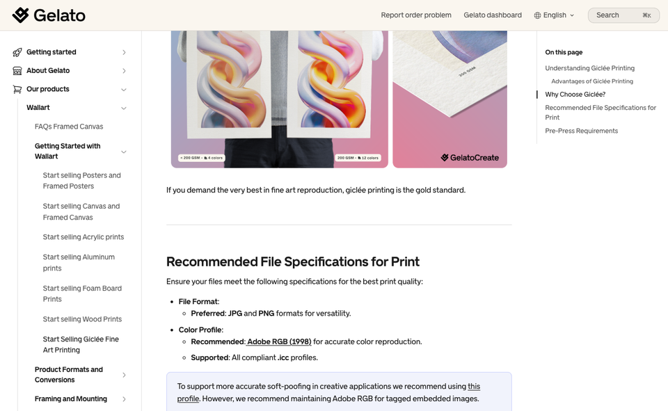 A Gelato help page showing recommended file specifications for giclée printing, including preferred formats and a colour profile