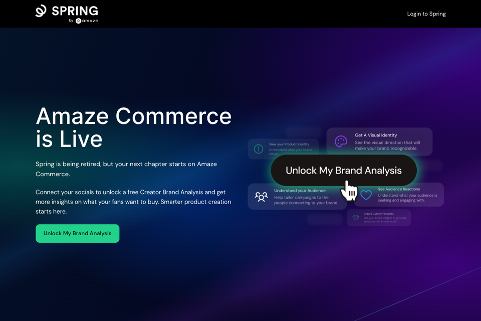 The Spring home page, showing that Spring is being retired and pointing creators to Amaze Commerce