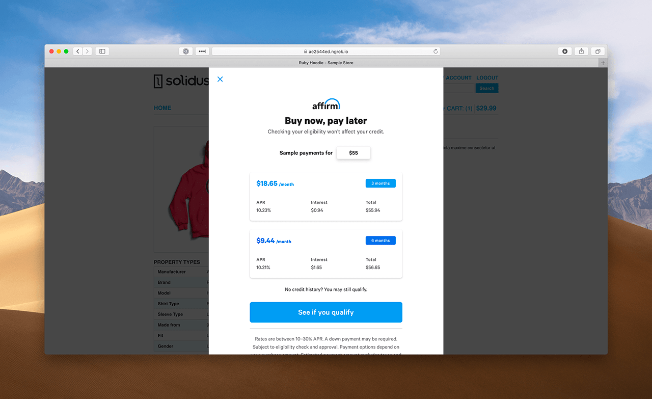 Affirm Payment Options Popup