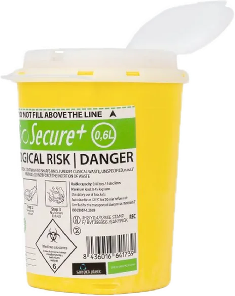 Keltainen Biosecure 0,6L -neulankeräysastia