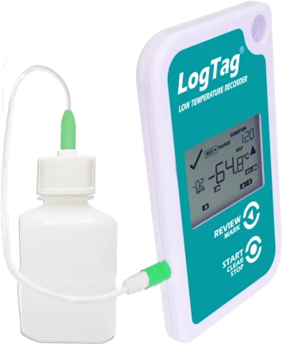 LogTag TREL30-16 -loggeri ja ST10-anturi puskuripullossa