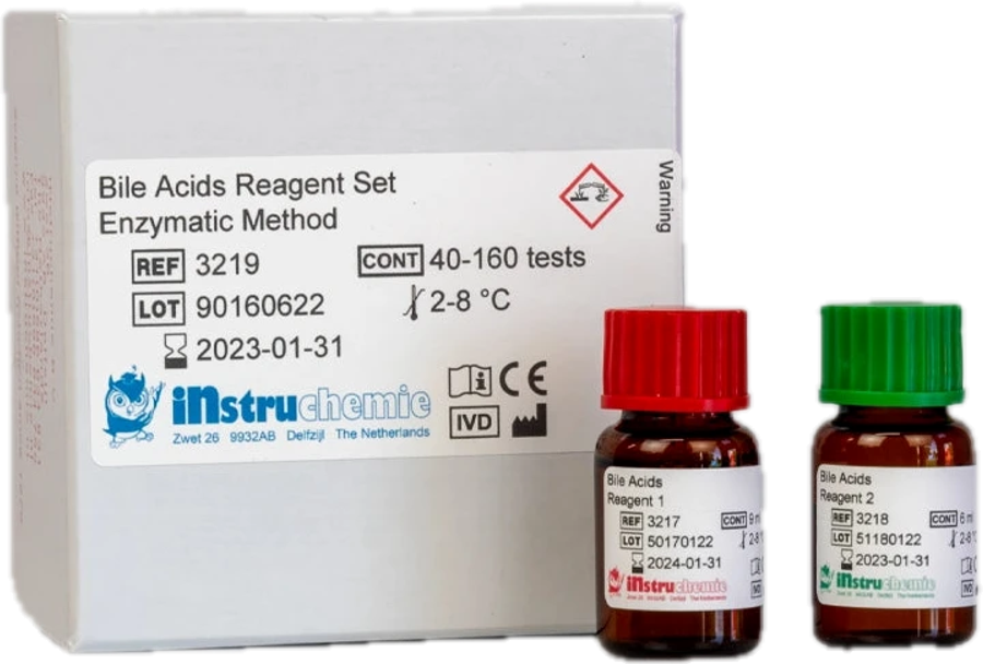 Instruchemie Sappihappo-reagenssisarja, pakkaus ja reagenssipullot