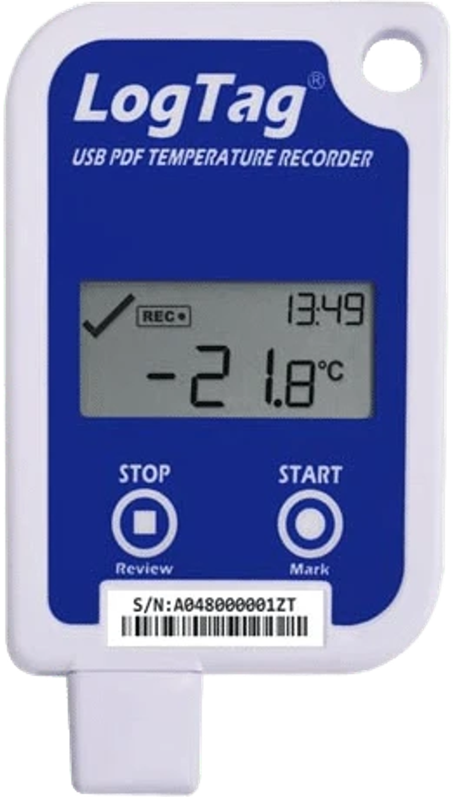 LogTag UTRED-16F -USB-PDF-loggeri LCD-näytöllä ja USB-liittimellä